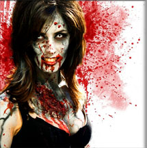 Bloodied zombie woman with blood spatter background